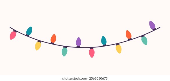 Light garland vector illustration. Seamless border of hanging light color bulbs on string. Cute fairy holiday decoration. Festive decor design.
