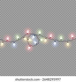 Vetor de guirlanda clara. Lâmpadas brilhantes realistas em vermelho, verde, azul e amarelo para a decoração de Natal. Corda isolada de bulbos festivos com efeito de transparência para banner de férias e design de cartão de ano novo.