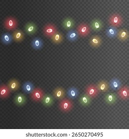 Light garland vector. Realistic glowing lamps in red, green, blue and yellow for christmas decor. Isolated string of festive bulbs with transparency effect for holiday banner and new year card design.