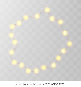 Light garland wreath, bulb string vector bg. Fairy holiday party decor, white gold xmas festive border. Star isolated ramadan, winter ribbon png. New year banner decoration, bright glow led lamp frame