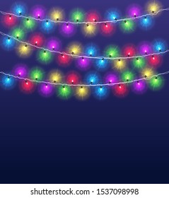 Light garlands background. Christmas party glowing color lamps, winter holidays lighting decor. Vector template for greeting cards