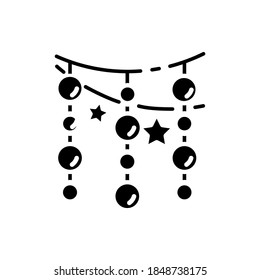 Light garlands black glyph icon. Christmas house decoration. Winter holiday celebration. Hygge mood. Silhouette symbol on white space. New Year Eve garland. Vector isolated illustration
