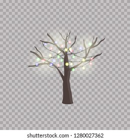 Light garlands on a tree. The shining garlands of yellow, red, blue and green colors are decorated on a tree in the winter. Elements for your design.
