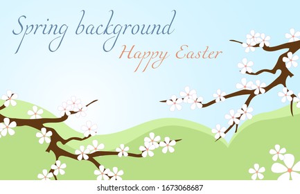 Light gentle background with branches of Japanese sakura. Vector banner for Easter greetings. Vector children's illustration.