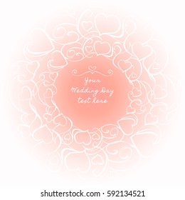 Light gentle background with elegant frame of white pattern. Romantic ornament with hearts, swirls and petals for wedding design of decoration and invitations, valentine's day cards.