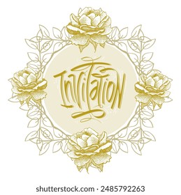 Light and gentle invitation card template with classical floral wreath frame, roses, and golden lettering. Hand drawn vector illustration