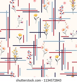 Light and gentle Seamless pattern delicate meadow many kind of  flowers vector with check or grid check for fashion ,wallpaper ,book ETC on  white background