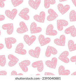 Light Gentle Seamless Pattern of Hand-Drawn Pink Hearts on White Background. Style of Children's Drawing. Continuous Background with for Packaging, Pack Paper, Wrapping Paper for Valentine's Day.