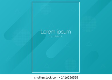 Light geometric abstract blue background with cropped  rectangle for notebook print. Creativity and modern template with smooth lines, some flat dotted circles and triangles. 