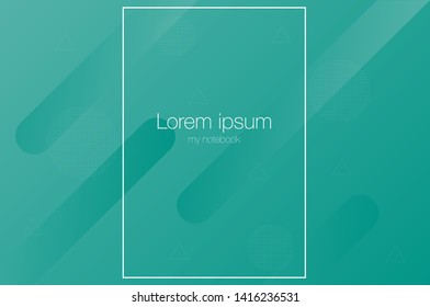 Light geometric abstract green background with cropped  rectangle for notebook print. Creativity and modern template with smooth lines, some flat dotted circles and triangles. 
