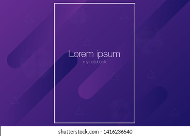 Light geometric abstract violet background with cropped  rectangle for notebook print. Creativity and modern template with smooth lines, some flat dotted circles and triangles. 