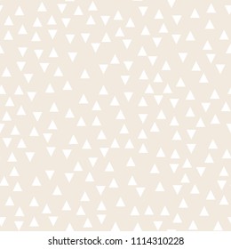 Light geometric background with triangles. Seamless pattern Two colors beige and white. For printing on fabric, paper, wrapper, scrapbooking, patchwork. Minimum design Vector illustration