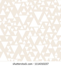 Light geometric background with triangles. Seamless pattern Two colors beige and white. For printing on fabric, paper, wrapper, scrapbooking, patchwork. Minimum design Vector illustration