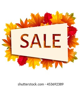 Light geometric figure with sale sign on a background of autumn leaves. Vector illustration for business presentation. Cartoon style.