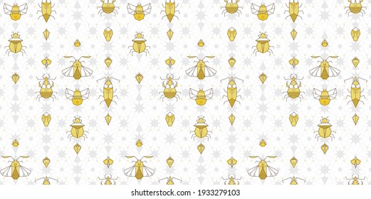Light geometric seamless pattern, beetles in a spider web. Gray and yellow line art bugs, bumblebee, butterfly, tick, moth, bee, firefly, moth, flea, cockroach. Abstract geometry pattern with insects.