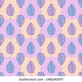 Light geometric seamless pattern with vertical rows of staggered monstera tropical leaves with veins. Repeat symmetrical chess grid order botanical pattern. Vector illustration.