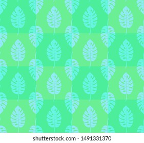 Light geometric seamless pattern with vertical rows of staggered monstera tropical leaves with veins. Repeat symmetrical chess grid order botanical pattern. Vector illustration.