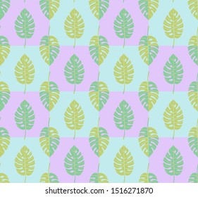 Light geometric seamless pattern with vertical rows of staggered monstera tropical leaves with veins. Repeat symmetrical chess grid order botanical pattern. Vector illustration.