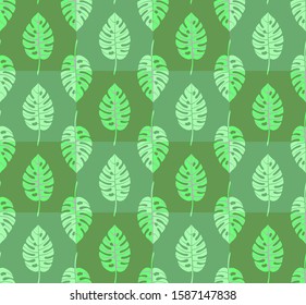 Light geometric seamless pattern with vertical rows of staggered monstera tropical leaves with veins. Repeat symmetrical chess grid order botanical pattern. Vector illustration.