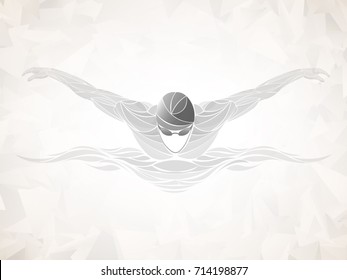 light, geometric swimmer, student, athlete. swimming butterfly. Muscular young man in blue cap in swimming pool