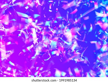 Light Glare. Bright Foil. Disco Burst. Festive Art. Pink Laser Glitter. Falling Effect. Iridescent Background. Party Multicolor Wallpaper. Blue Light Glare