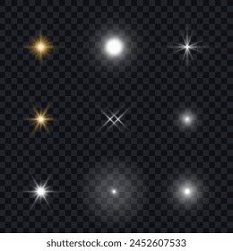 Light glare effect. Star shining light particles, vector design elements on transparent background.