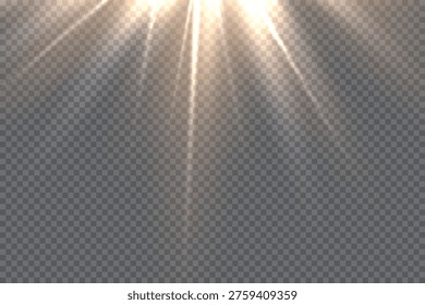 Light glare. Golden glowing flare with soft blurred rays on transparent background. Bright warm light burst with smooth gradient illumination and radiant shine. Abstract luminous vector illustration.