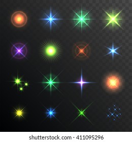 Resplandor claro, resaltar. Juego de bengalas de lente. Efectos de iluminación del flash. Vector