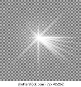 Light with a glare on transparent background, sun rays with transparency, beams, lens flare, white color