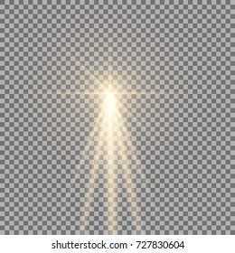 Light with a glare on transparent background, sun rays with transparency, beams, lens flare, golden color
