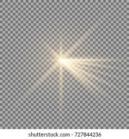 Light with a glare on transparent background, sun rays with transparency, beams, lens flare, golden color