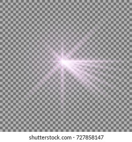 Light with a glare on transparent background, sun rays with transparency, beams, lens flare, purple color