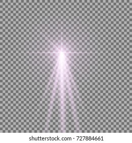Light with a glare on transparent background, sun rays with transparency, beams, lens flare, purple color