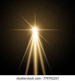 Light with a glare on transparent background, sun rays on black background, beams, lens flare, light effect, golden color