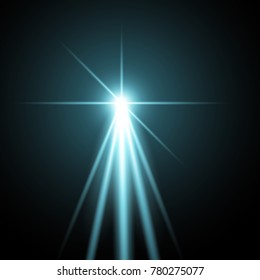 Light with a glare on transparent background, sun rays on black background, beams, lens flare, light effect, aqua color