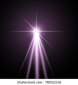 Light with a glare on transparent background, sun rays on black background, beams, lens flare, light effect, purple color