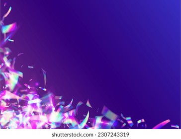 Light Glare. Shiny Christmas Illustration. Blue Metal Background. Iridescent Confetti. Disco Element. Bright Foil. Surreal Art. Transparent Sparkles. Violet Light Glare