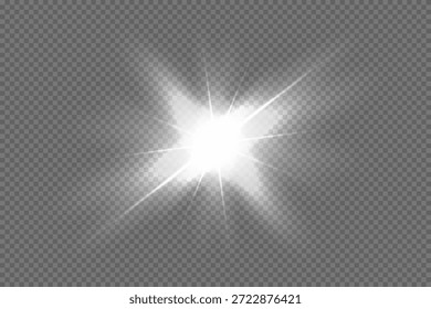 Light glare. White glowing light flare with soft blurred rays on transparent background. Bright shining burst with smooth gradient illumination and radiant glow effect. Abstract vector illustration.