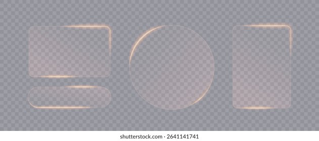 Light glass frame collection isolated on transparent. Liquid gold plate for mobile phone ux, web interface, tech and hud. Rectangle and circle light frame with golden glow and reflection.