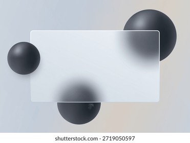 Anuncio de morfismo de vidrio claro con panel rectangular translúcido y esferas flotantes oscuras