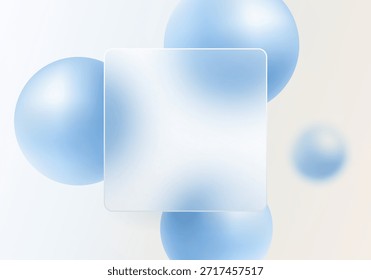 Fundo de estilo morfismo de vidro claro com painel quadrado fosco e esferas flutuantes azuis suaves no fundo de gradiente de luz, composição abstrata minimalista