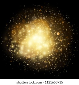 Light gleaming effect. Soft realistic fireworks with glitter splatter elements. Shining circles bokeh particles outburst. Isolaed on black background. EPS 10
