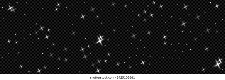 Light glitter effect with stars on transparent background like a png. Shine and sparkle white glow. Dust overlay vector texture 