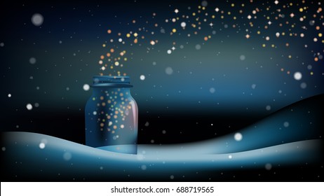 Light glitter flying out from glass bottle with snowfall