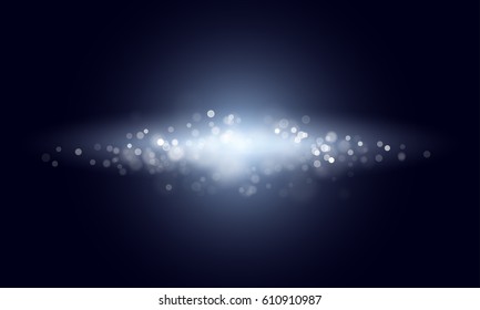 Efecto espumoso de brillo claro sobre fondo de la prima azul vectorial. Lujosos destellos de gemas y brillantes diamantes desenfocados con brillo de bokeh desenfocado
