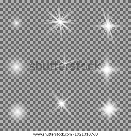 Light glow effect. Star shine flash, bright sparcle set on transparent background. Lens flare, shiny glitter, trarlight explode. Spark burst, sunlight ray isolated. Realistic magic fantasy decoration