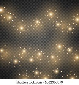 Light glow effect stars bursts with sparkles, isolated on transparent dark background, golden color