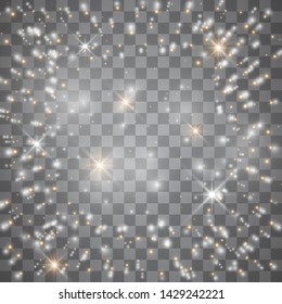 Light glow effect stars. Vector sparkles on transparent background. Christmas abstract pattern. Sparkling magic dust particles. 
