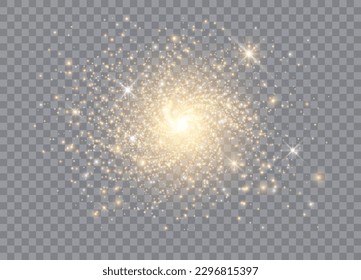 Light glow effect stars. Vector sparkles on transparent background. Spiral galaxy. Christmas abstract pattern. Sparkling magic dust particles. 