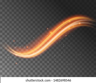Light glow effect swirl vector line trail. Magic light glow motion neon background gold fire sparkle effect.
